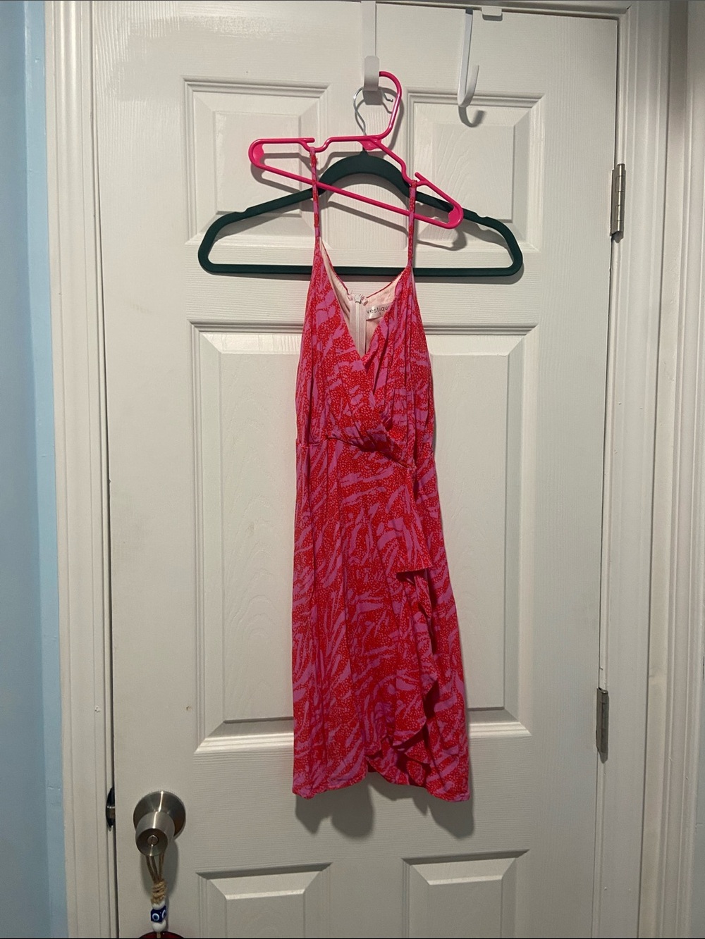 vestique Pink & Coral Printed Spaghetti-Strap Wrap-Style Mini Dress